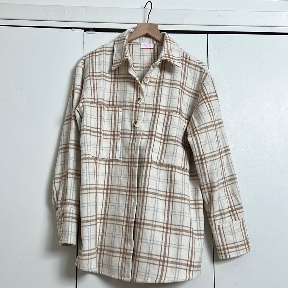 Pink lily Brown white plaid shacket size M